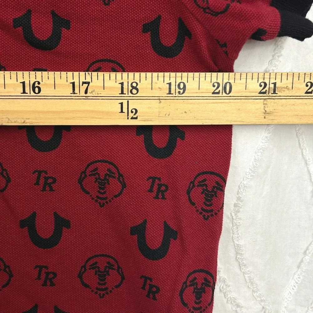 True Religion AOP Monogram Polo Shirt Mens S Red Dahlia Black Preppy Streetwear
